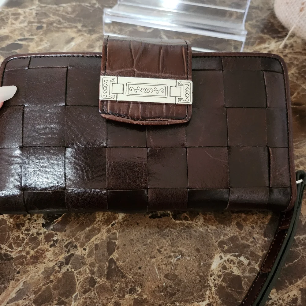 Brighton Brown Woven Leather Kisslock Wallet/Wristlet EUC - Picture 2 of 16